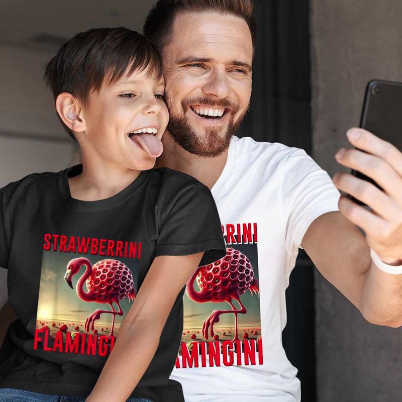 Fashion, accesorii si bijuterii - Copii - Imbracaminte copii - Tricouri copii - Tricou Copii Baieti Strawberrini Flamingini Brainrot CoolTrend, alb, marime XL Copii - Infinity.ro