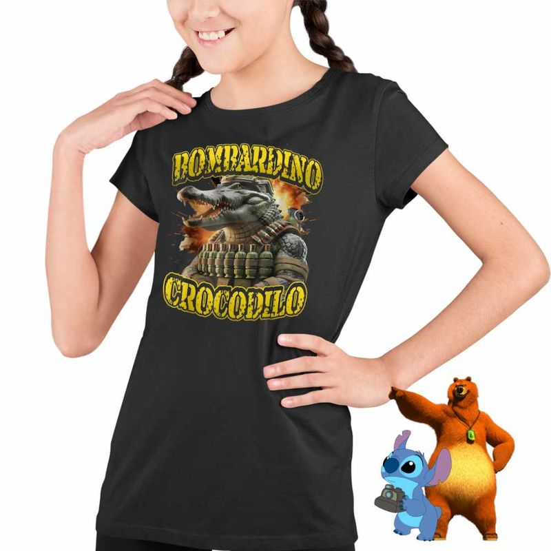 Fashion, accesorii si bijuterii - Copii - Imbracaminte copii - Tricouri copii - Tricou Copii Fete Crocodilo Bombardino Brainrot CoolTrend, negru, marime S Copii - Infinity.ro