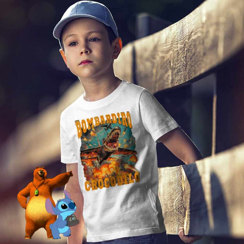 Fashion, accesorii si bijuterii - Copii - Imbracaminte copii - Tricouri copii - Tricou Copii Baieti Bombadiro Crocodilo Airplane Brainrot Meme CoolTrend, alb, marime XS Copii - Infinity.ro