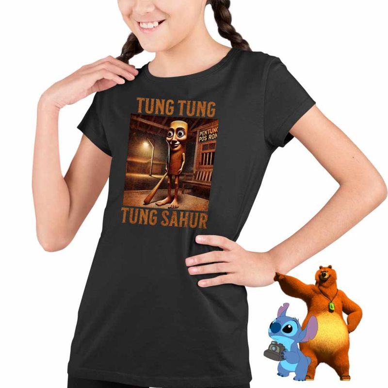 Fashion, accesorii si bijuterii - Copii - Imbracaminte copii - Tricouri copii - Tricou Copii Fete Tung Tung Tung Sahur Brainrot Meme CoolTrend, negru, marime S Copii - Infinity.ro