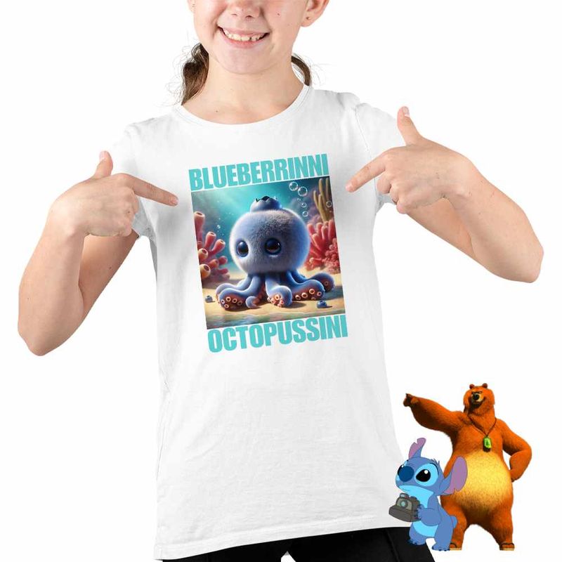 Fashion, accesorii si bijuterii - Copii - Imbracaminte copii - Tricouri copii - Tricou Copii Fete Blueberrinni Octopussini Italian Meme Brainrot Brain Rot CoolTrend, alb, marime XS Copii - Infinity.ro