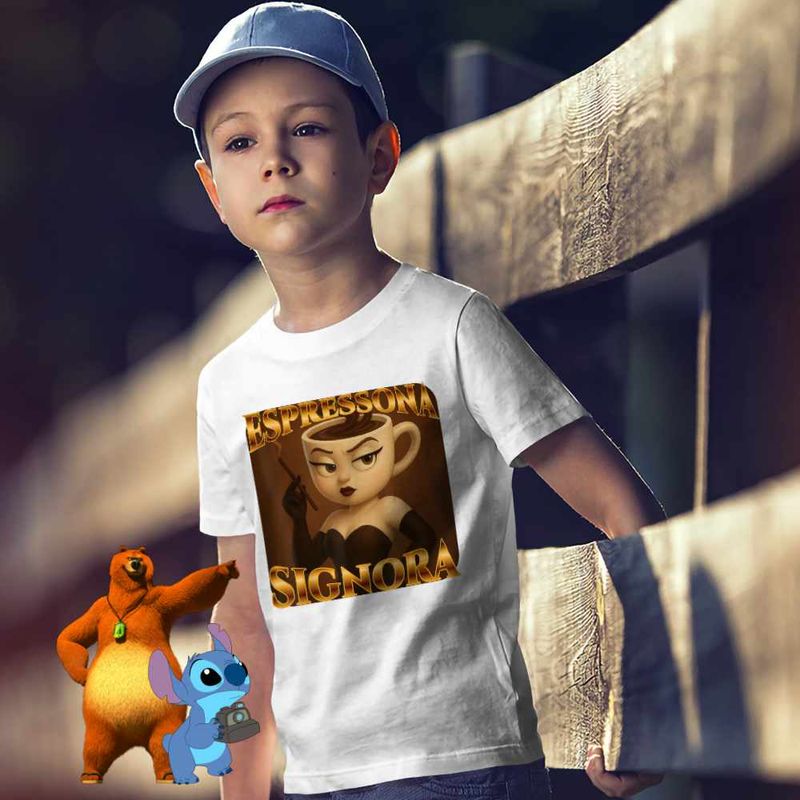 Fashion, accesorii si bijuterii - Copii - Imbracaminte copii - Tricouri copii - Tricou Copii Baieti Espressona Signora Brainrot Brain Rot CoolTrend, alb, marime XS Copii - Infinity.ro