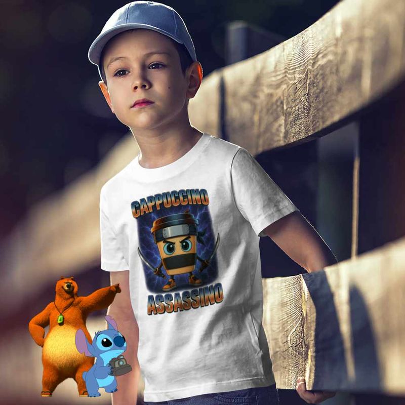 Fashion, accesorii si bijuterii - Copii - Imbracaminte copii - Tricouri copii - Tricou Copii Baieti Cappuccino Assassino Ninja Brainrot CoolTrend, alb, marime L Copii - Infinity.ro
