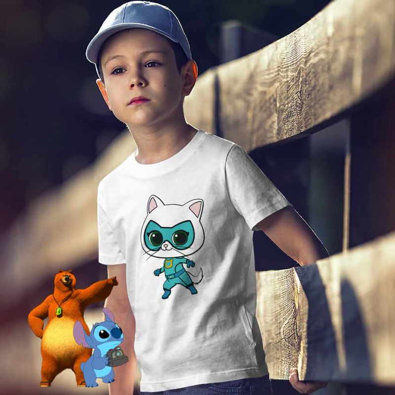 Fashion, accesorii si bijuterii - Copii - Imbracaminte copii - Tricouri copii - Tricou Copii Baieti Super Pisicute Bitsy SuperKitties CoolTrend, alb, marime XL Copii - Infinity.ro