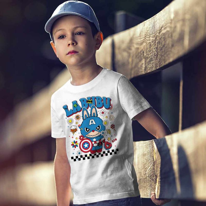 Fashion, accesorii si bijuterii - Copii - Imbracaminte copii - Tricouri copii - Tricou Copii Baieti Labubu Captain America CoolTrend, alb, marime M Copii - Infinity.ro