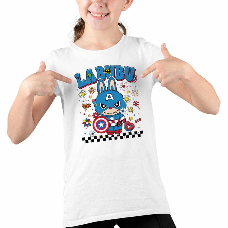 Fashion, accesorii si bijuterii - Copii - Imbracaminte copii - Tricouri copii - Tricou Copii Fete Labubu Captain America CoolTrend, alb, marime M Copii - Infinity.ro