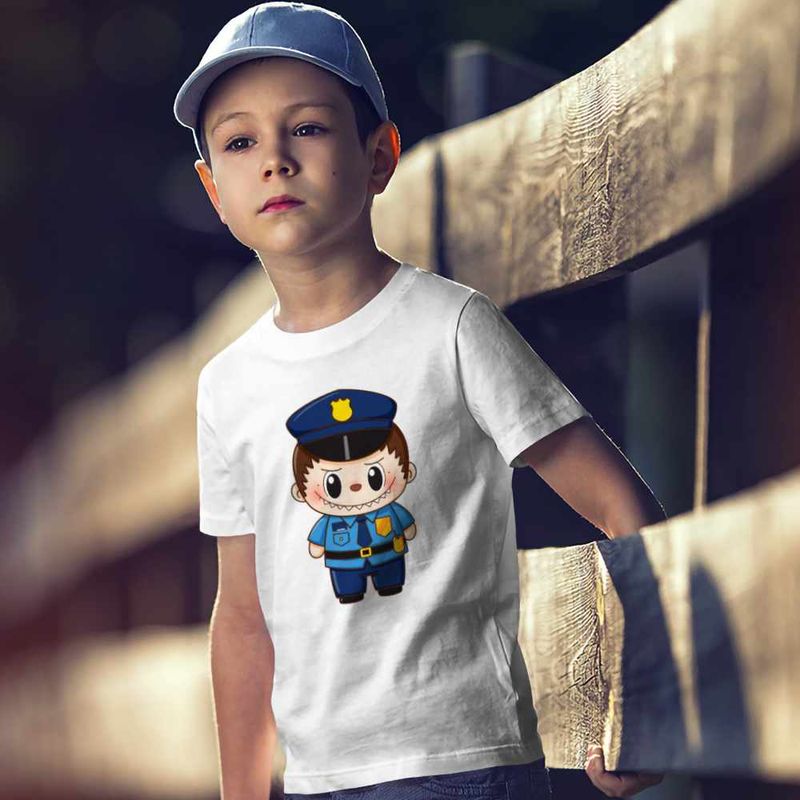 Fashion, accesorii si bijuterii - Copii - Imbracaminte copii - Tricouri copii - Tricou Copii Baieti Labubu Politist CoolTrend, alb, marime L Copii - Infinity.ro