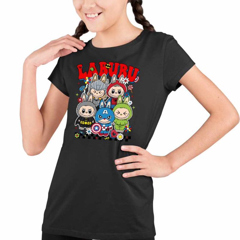 Fashion, accesorii si bijuterii - Copii - Imbracaminte copii - Tricouri copii - Tricou Copii Fete Labubu Supereroi Marvel CoolTrend, negru, marime S Copii - Infinity.ro