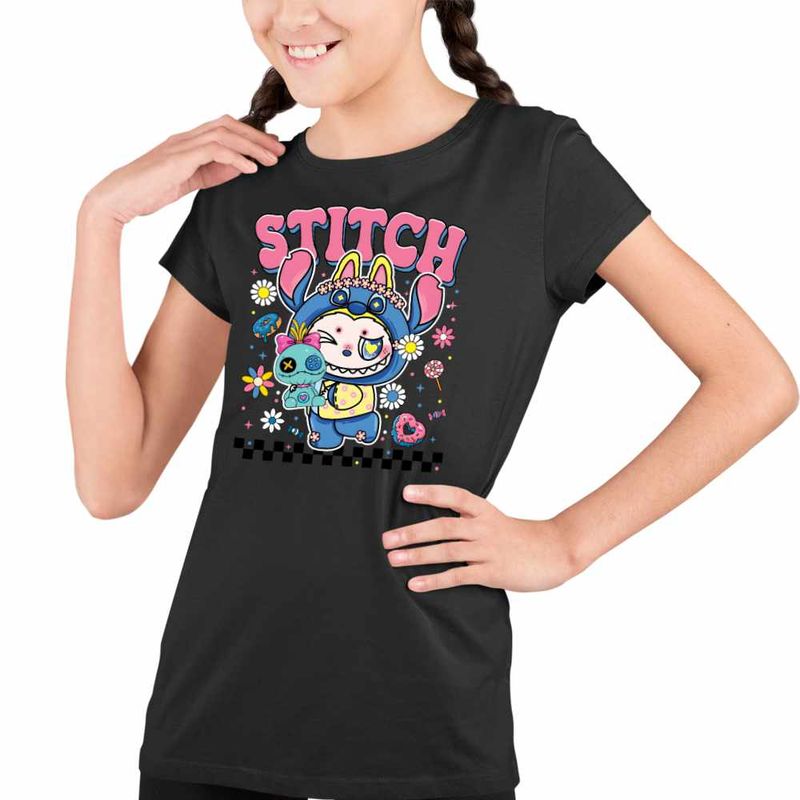 Fashion, accesorii si bijuterii - Copii - Imbracaminte copii - Tricouri copii - Tricou Copii Fete Labubu Stitch Stich CoolTrend, negru, marime M Copii - Infinity.ro