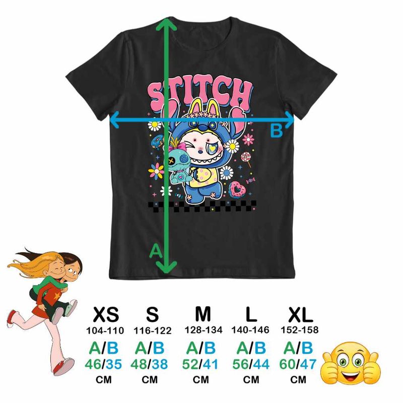 Fashion, accesorii si bijuterii - Copii - Imbracaminte copii - Tricouri copii - Tricou Copii Fete Labubu Stitch Stich CoolTrend, negru, marime M Copii - Infinity.ro