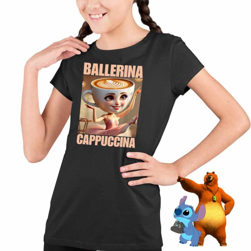 Fashion, accesorii si bijuterii - Copii - Imbracaminte copii - Tricouri copii - Tricou Copii Fete Ballerina Cappuccina Italian Meme Brainrot Brain Rot CoolTrend, negru, marime M Copii - Infinity.ro