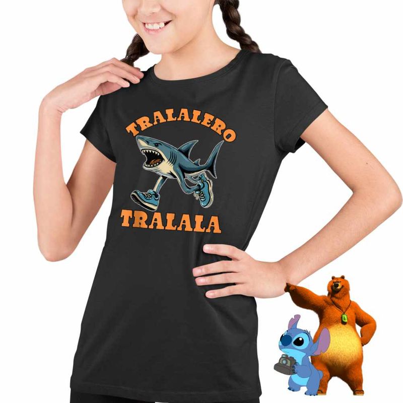Fashion, accesorii si bijuterii - Copii - Imbracaminte copii - Tricouri copii - Tricou Copii Fete Tralalero Tralala Italian Meme Brainrot Brain Rot CoolTrend, negru, marime S Copii - Infinity.ro
