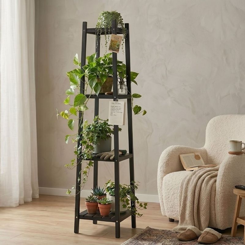 Casa si Gradina - Gradinarit si plante - Plante si ghivece - Ghivece si suporturi - Raft din lemn pentru flori cu 4 polite, culoare negru, 30x30x150 cm - Infinity.ro