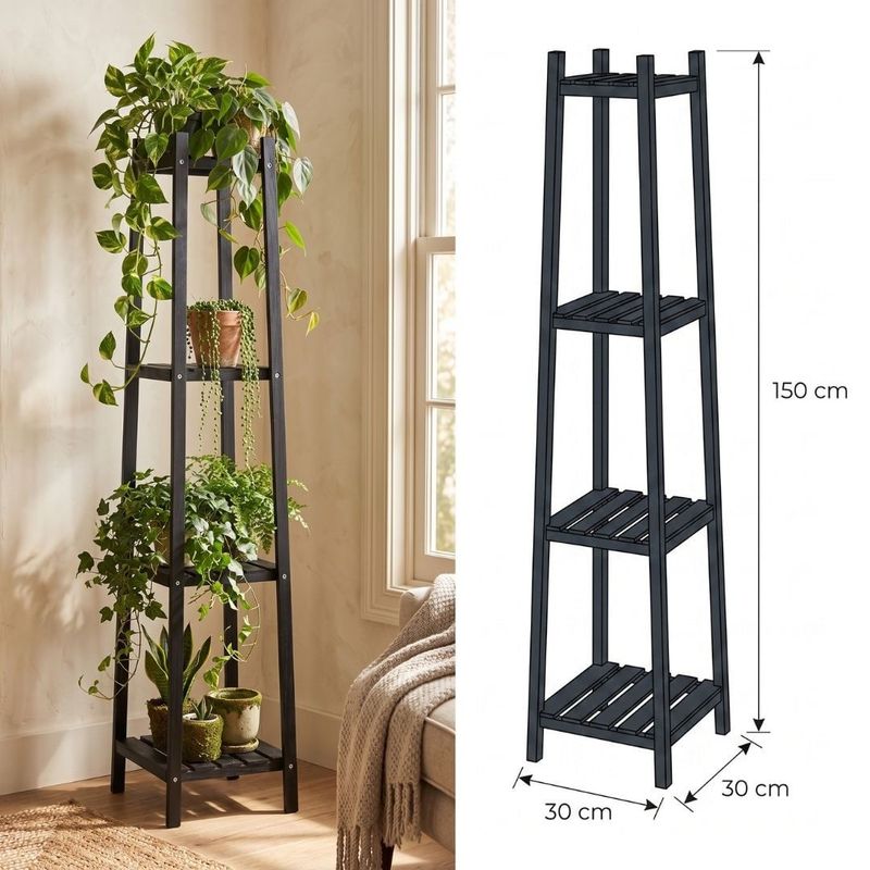 Casa si Gradina - Gradinarit si plante - Plante si ghivece - Ghivece si suporturi - Raft din lemn pentru flori cu 4 polite, culoare negru, 30x30x150 cm - Infinity.ro
