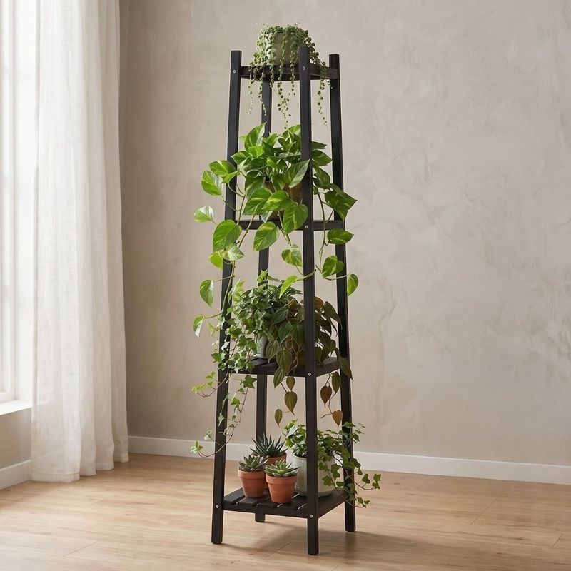 Casa si Gradina - Gradinarit si plante - Plante si ghivece - Ghivece si suporturi - Raft din lemn pentru flori cu 4 polite, culoare negru, 30x30x150 cm - Infinity.ro