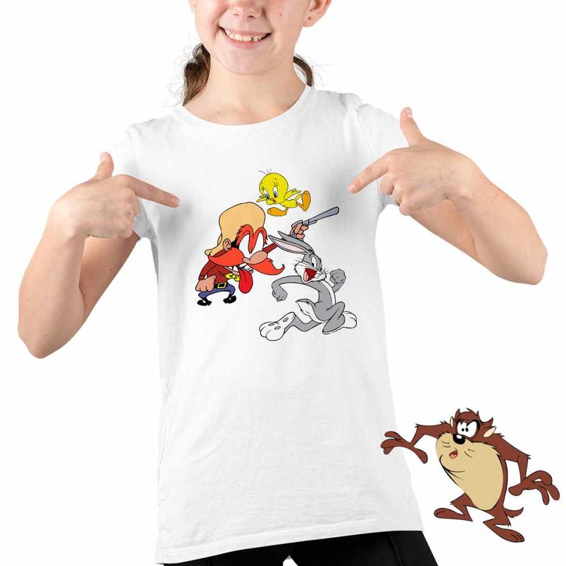 Fashion, accesorii si bijuterii - Copii - Imbracaminte copii - Tricouri copii - Tricou Copii Fete Yosemite Sam Tweety Bug Bunny Iepure, alb, marime L Copii - Infinity.ro