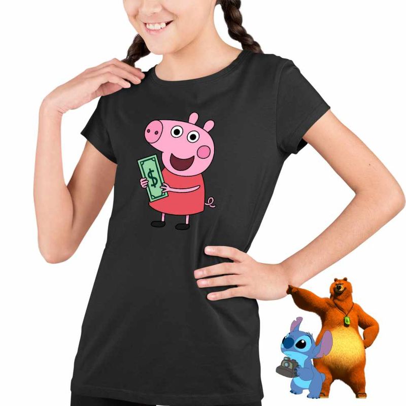 Fashion, accesorii si bijuterii - Copii - Imbracaminte copii - Tricouri copii - Tricou Copii Fete Purcelusa Peppa Pig Bani Dolari CoolTrend, negru, marime M Copii - Infinity.ro