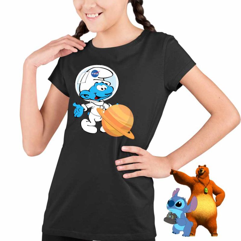 Fashion, accesorii si bijuterii - Copii - Imbracaminte copii - Tricouri copii - Tricou Copii Fete Strumfii Astronaut Saturn Nasa CoolTrend, negru, marime XS Copii - Infinity.ro