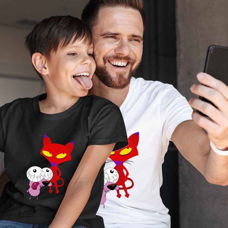 Fashion, accesorii si bijuterii - Copii - Imbracaminte copii - Tricouri copii - Tricou Copii Baieti Catel Speriat Curaj Pisica Rosie Malefica, alb, marime M Copii - Infinity.ro