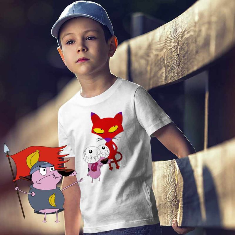 Fashion, accesorii si bijuterii - Copii - Imbracaminte copii - Tricouri copii - Tricou Copii Baieti Catel Speriat Curaj Pisica Rosie Malefica, alb, marime M Copii - Infinity.ro