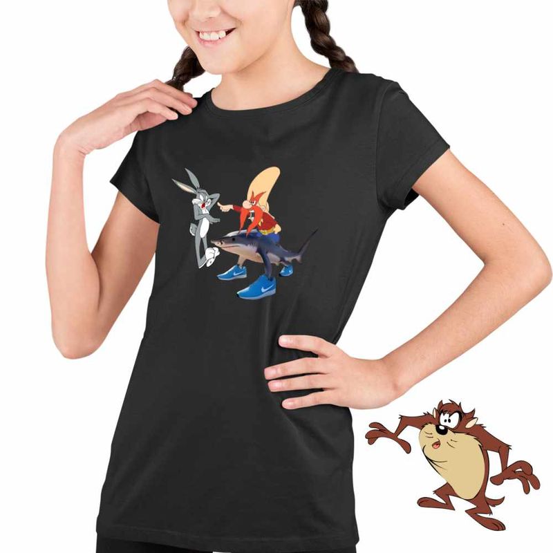 Fashion, accesorii si bijuterii - Copii - Imbracaminte copii - Tricouri copii - Tricou Copii Fete Yosemite Sam Tralalero Tralala Rechin, negru, marime S Copii - Infinity.ro