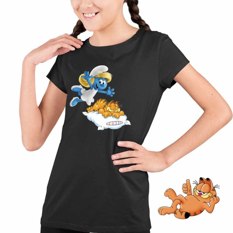 Fashion, accesorii si bijuterii - Copii - Imbracaminte copii - Tricouri copii - Tricou Copii Fete Garfield Strumfita Strumfii Motan, negru, marime XS Copii - Infinity.ro