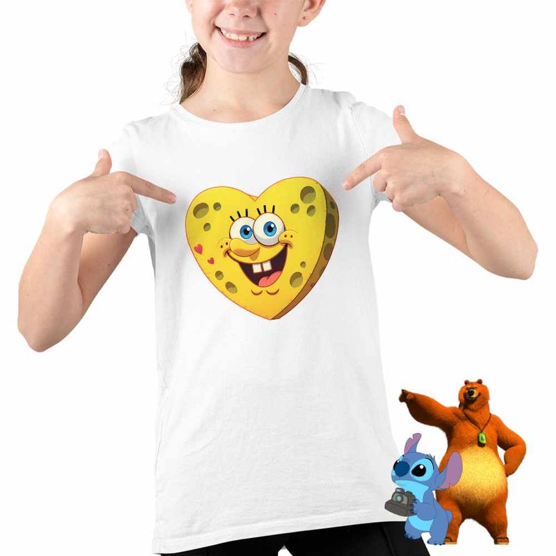 Fashion, accesorii si bijuterii - Copii - Imbracaminte copii - Tricouri copii - Tricou Copii Fete Sponge Bob Inima SpongeBoo Pantaloni Patrati CoolTrend, alb, marime S Copii - Infinity.ro
