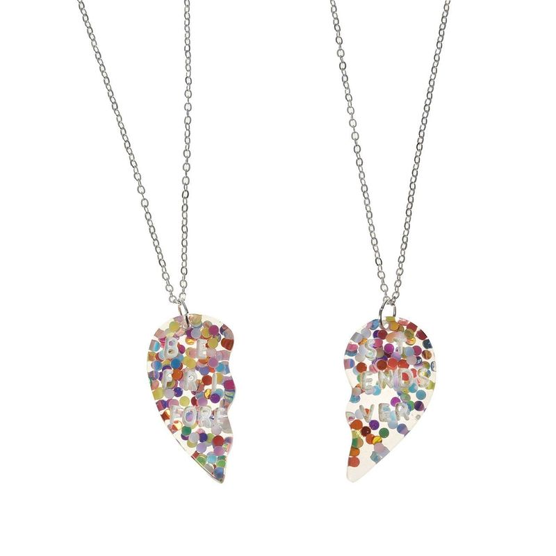 Jucarii, Copii si Bebe - Jucarii si jocuri - Jucarii de rol - Frumusete, bijuterii si accesorii fetite - Colier BFF cu Pandantiv Inima cu Confetti pentru Copii, Set de 2 buc, Argintiu - Infinity.ro