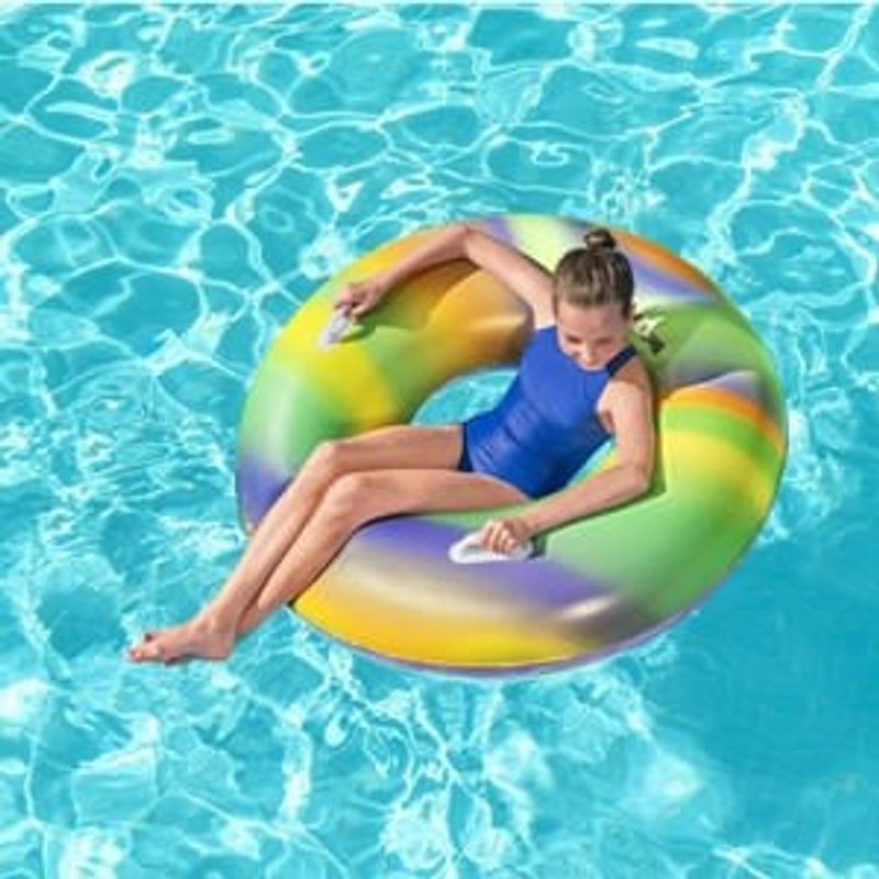 Jucarii, Copii si Bebe - Jucarii si jocuri - Jucarii de exterior - Colaci, ochelari si accesorii inot copii - Colac gonflabil cu manere, diametru 119 cm, design rainbow - Infinity.ro