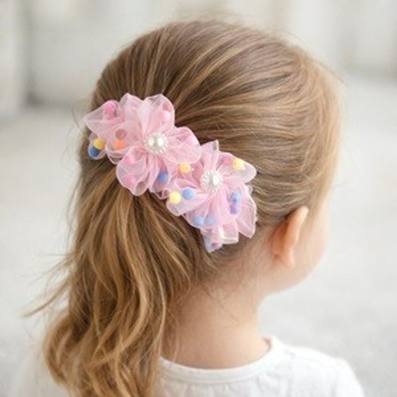 Fashion, accesorii si bijuterii - Copii - Accesorii copii - Accesorii pentru par copii - Elastic de par cu tul roz si margarete cu margele, pentru copii - Infinity.ro