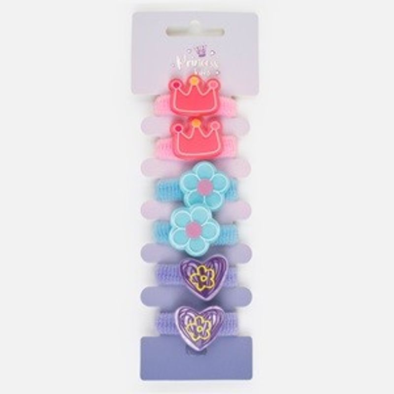 Fashion, accesorii si bijuterii - Copii - Accesorii copii - Accesorii pentru par copii - Elastice de par frotte pentru copii, set 6 buc, roz, bleu si lila, cu aplicatii coroana, floare si inima - Infinity.ro