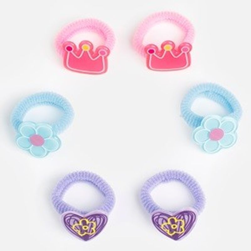 Fashion, accesorii si bijuterii - Copii - Accesorii copii - Accesorii pentru par copii - Elastice de par frotte pentru copii, set 6 buc, roz, bleu si lila, cu aplicatii coroana, floare si inima - Infinity.ro