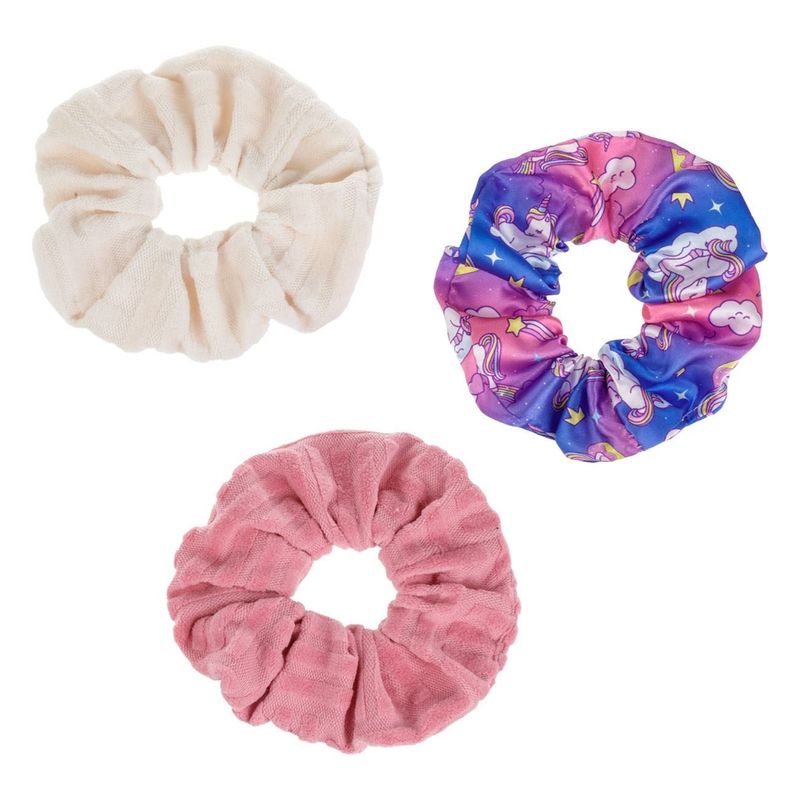 Fashion, accesorii si bijuterii - Copii - Accesorii copii - Accesorii pentru par copii - Elastice de par pentru copii, Set 3 buc, Roz si Ecru, Catifelate cu Model Unicorn - Infinity.ro