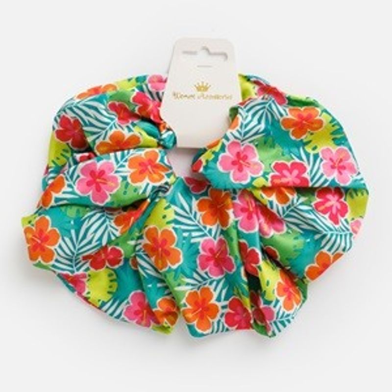 Fashion, accesorii si bijuterii - Femei - Accesorii femei - Accesorii pentru par femei - Elastic de par XXL, Verde, Model Frunze Tropicale si Hibiscus - Infinity.ro