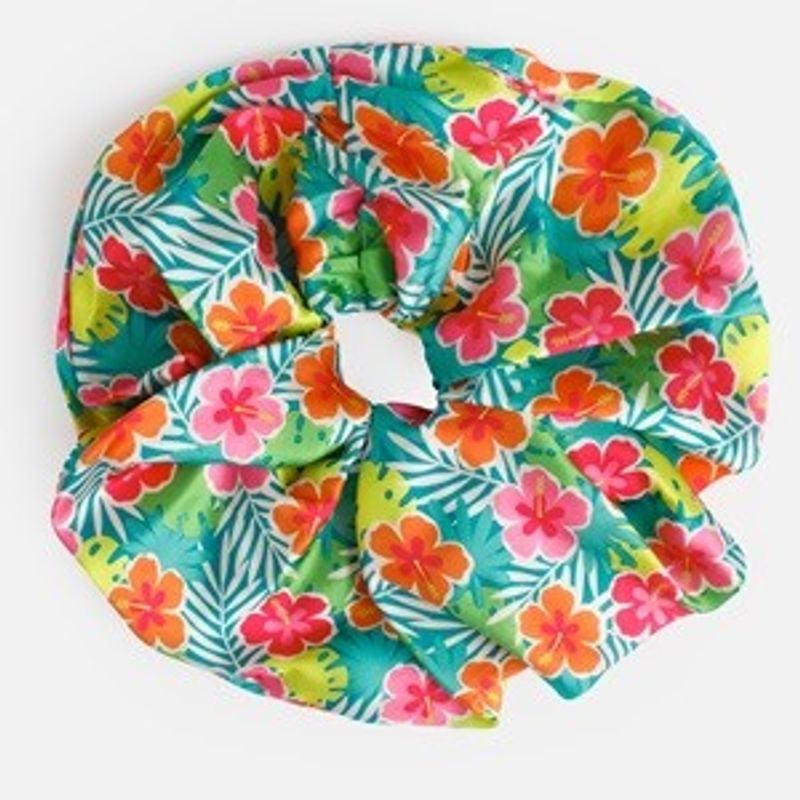 Fashion, accesorii si bijuterii - Femei - Accesorii femei - Accesorii pentru par femei - Elastic de par XXL, Verde, Model Frunze Tropicale si Hibiscus - Infinity.ro