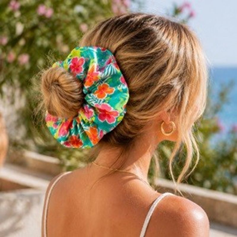 Fashion, accesorii si bijuterii - Femei - Accesorii femei - Accesorii pentru par femei - Elastic de par XXL, Verde, Model Frunze Tropicale si Hibiscus - Infinity.ro