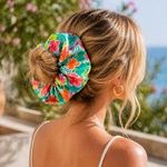 Fashion, accesorii si bijuterii - Femei - Accesorii femei - Accesorii pentru par femei - Elastic de par XXL, Verde, Model Frunze Tropicale si Hibiscus - Infinity.ro