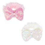Fashion, accesorii si bijuterii - Femei - Accesorii femei - Accesorii pentru par femei - Elastice de par cu fundite din imitatie de blana, Roz si Alb, cu paiete, 2 buc, 8 cm - Infinity.ro