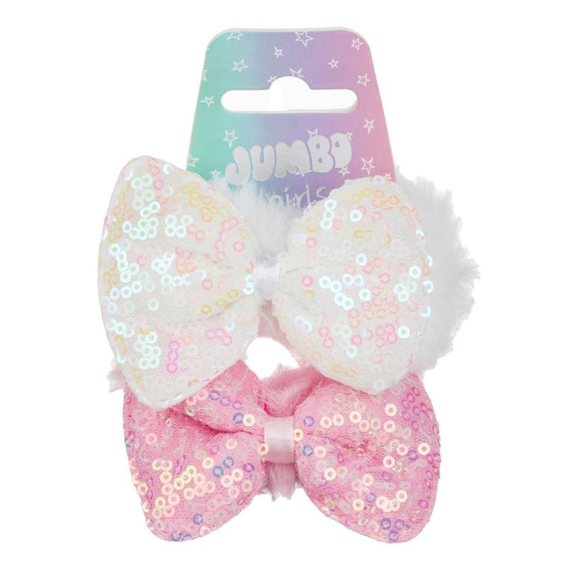 Fashion, accesorii si bijuterii - Femei - Accesorii femei - Accesorii pentru par femei - Elastice de par cu fundite din imitatie de blana, Roz si Alb, cu paiete, 2 buc, 8 cm - Infinity.ro