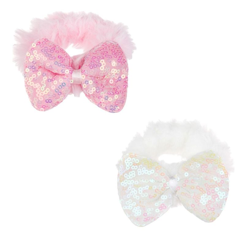 Fashion, accesorii si bijuterii - Femei - Accesorii femei - Accesorii pentru par femei - Elastice de par cu fundite din imitatie de blana, Roz si Alb, cu paiete, 2 buc, 8 cm - Infinity.ro