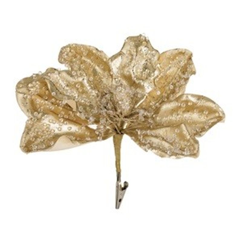 Casa si Gradina - Decoratiuni - Decoratiuni de sezon - Floare decorativa de Craciun aurie cu margele transparente si glitter, cu clips, 20 cm - Infinity.ro