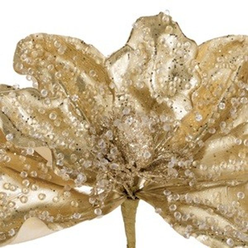 Casa si Gradina - Decoratiuni - Decoratiuni de sezon - Floare decorativa de Craciun aurie cu margele transparente si glitter, cu clips, 20 cm - Infinity.ro
