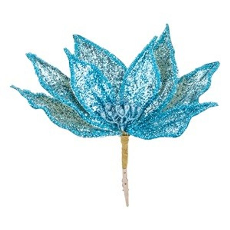 Casa si Gradina - Decoratiuni - Decoratiuni de sezon - Floare decorativa de Craciun cu clips si glitter, bleu, 26 cm - Infinity.ro