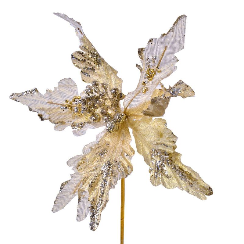 Casa si Gradina - Decoratiuni - Decoratiuni de sezon - Floare Decorativa de Craciun Aurie cu Glitter 30cm - Infinity.ro