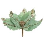 Casa si Gradina - Decoratiuni - Decoratiuni de sezon - Floare decorativa de Craciun catifelata, verde menta cu glitter sampaniu si paiete, cu clips, 26 cm - Infinity.ro