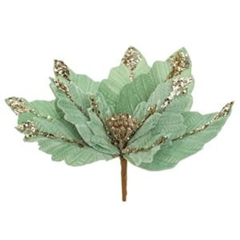 Casa si Gradina - Decoratiuni - Decoratiuni de sezon - Floare decorativa de Craciun catifelata, verde menta cu glitter sampaniu si paiete, cu clips, 26 cm - Infinity.ro