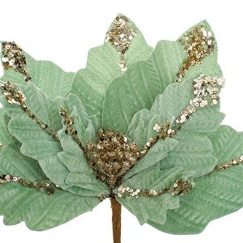 Casa si Gradina - Decoratiuni - Decoratiuni de sezon - Floare decorativa de Craciun catifelata, verde menta cu glitter sampaniu si paiete, cu clips, 26 cm - Infinity.ro