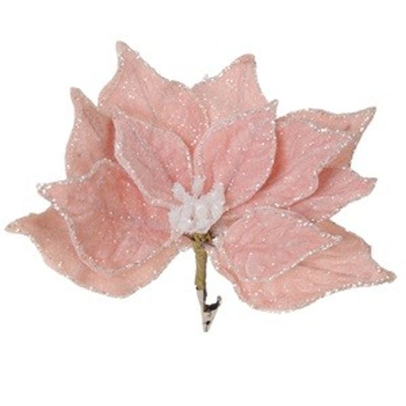 Casa si Gradina - Decoratiuni - Decoratiuni de sezon - Floare decorativa de Craciun cu clips, Roz Frosty cu Glitter Argintiu, 24 cm - Infinity.ro