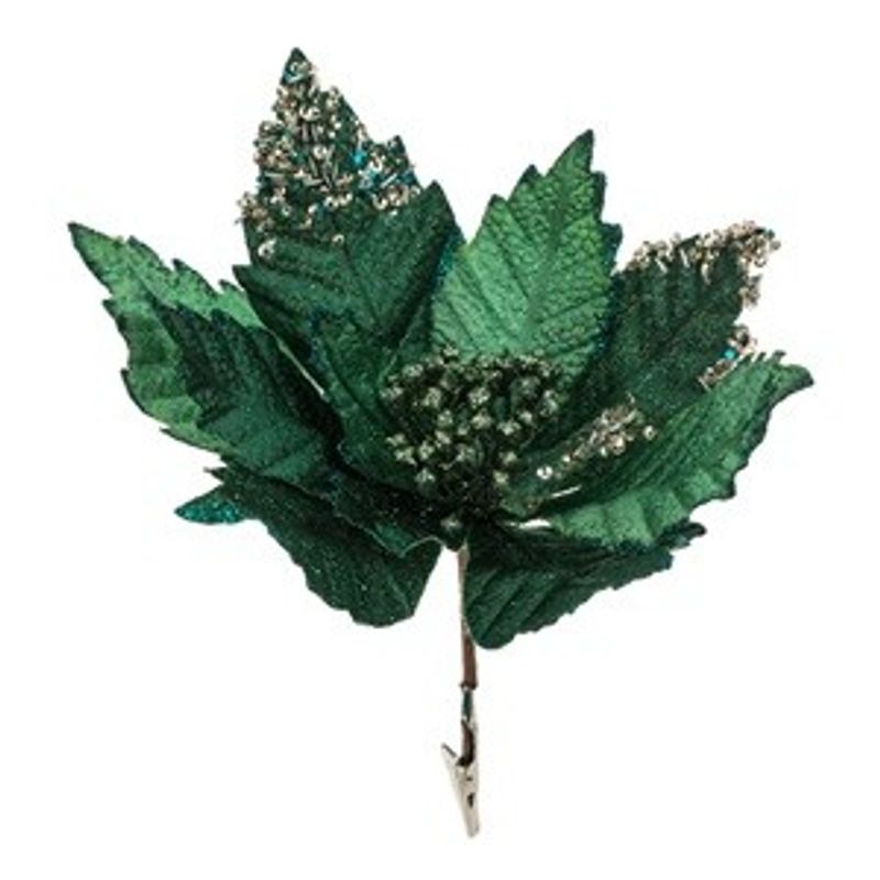Casa si Gradina - Decoratiuni - Decoratiuni de sezon - Floare decorativa de Craciun cu clips, verde smarald, cu paiete si glitter, 30 cm - Infinity.ro