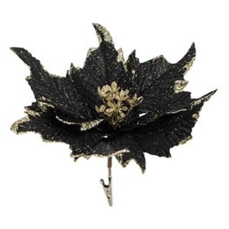 Casa si Gradina - Decoratiuni - Decoratiuni de sezon - Floare decorativa de Craciun cu clips, neagra cu glitter auriu, 27 cm - Infinity.ro